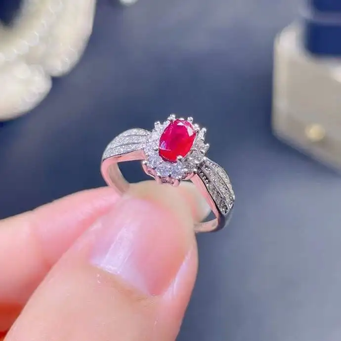 

Fashion Silver Gemstone Ring for Party 4mm*6mm Natural Ruby Ring Solid 925 Silver Ruby Jewelry Gift for Woman