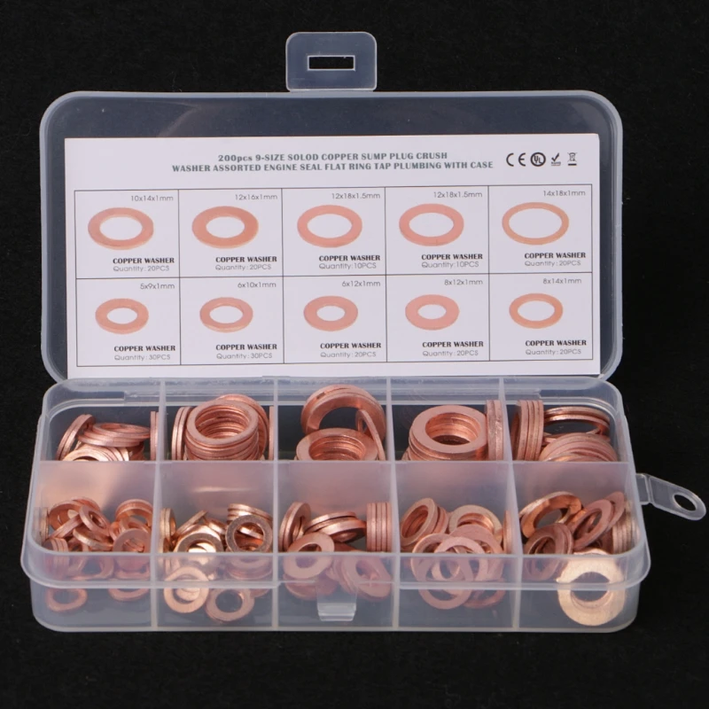 

New 200PCS Copper Washers Gasket Set 9 Sizes Flat Ring Seal Kit With Plastic Box