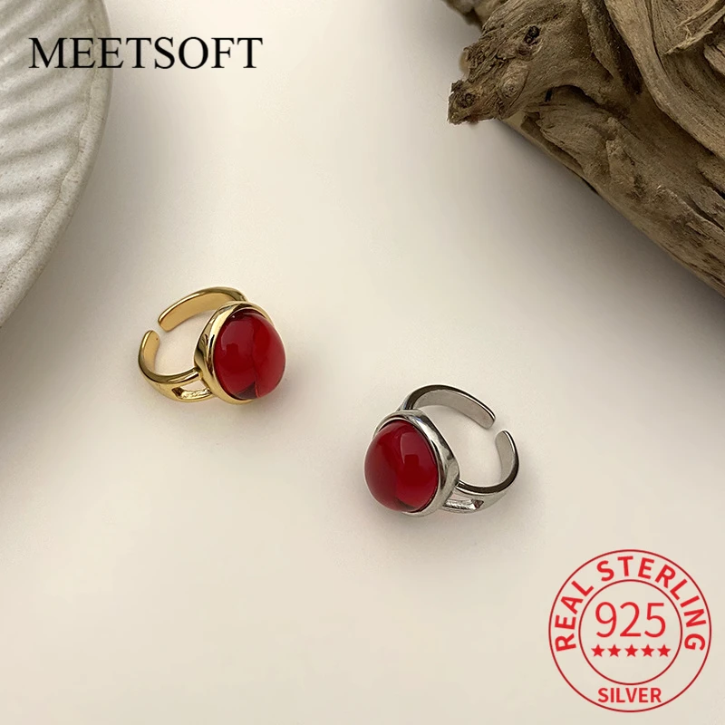 MEETSOFT Vintage Silver Round Red Zircon Opening Ring for Women Romantic Party Luxury Charm Fine Jewelry Gifts Drop Shipping