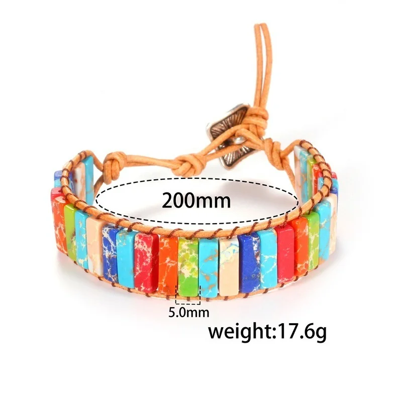 

European & Bohemia Creative Hand Knitting Leather Bracelet Square Colored Emperor Stone Bracelet Nature Bangle for Women Jewelry