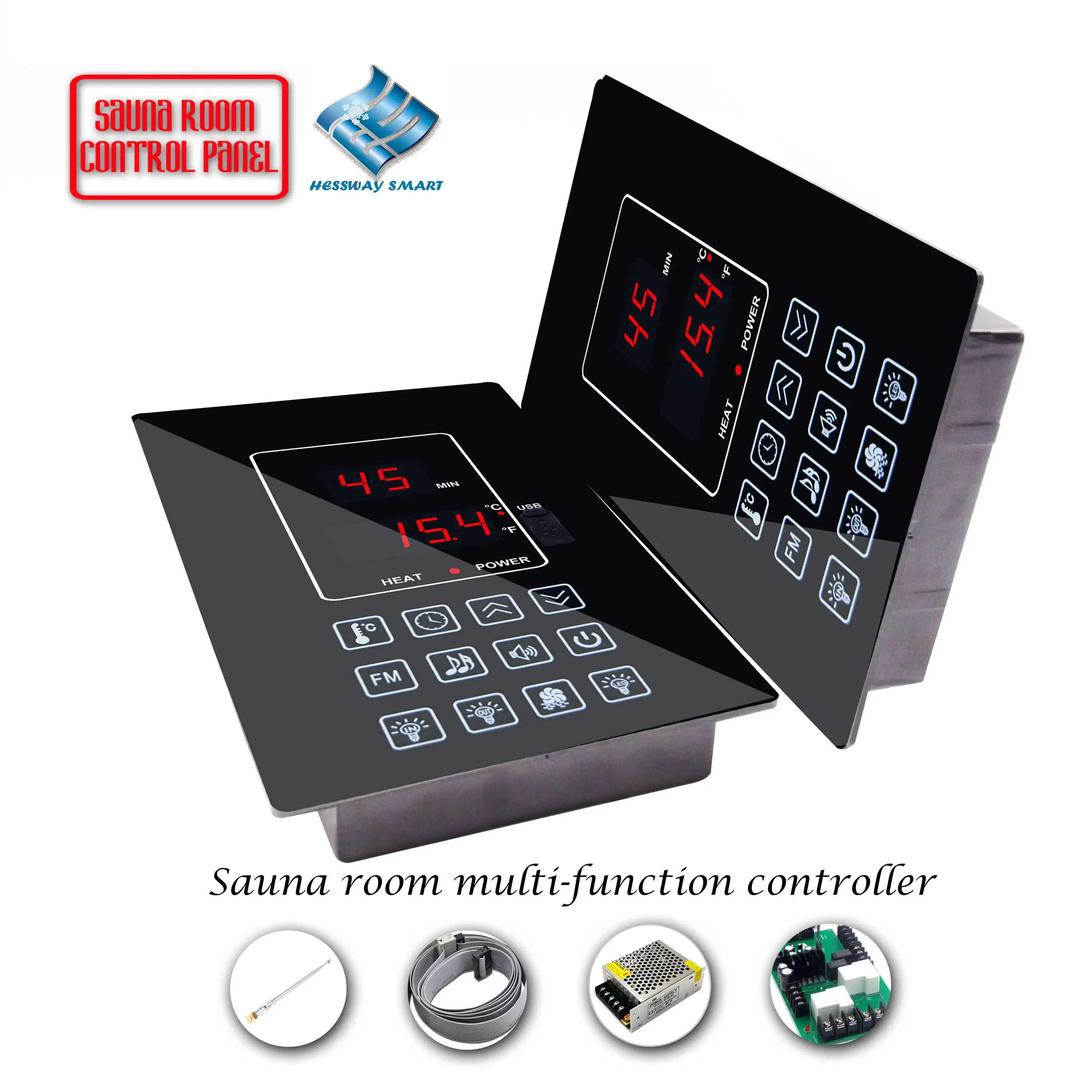 C/F Unit Switch Infrared Sauna Heater Control Panel for Lamp, Fan, AUX, MP3, FM Output  AC Contactor Connected to High Power