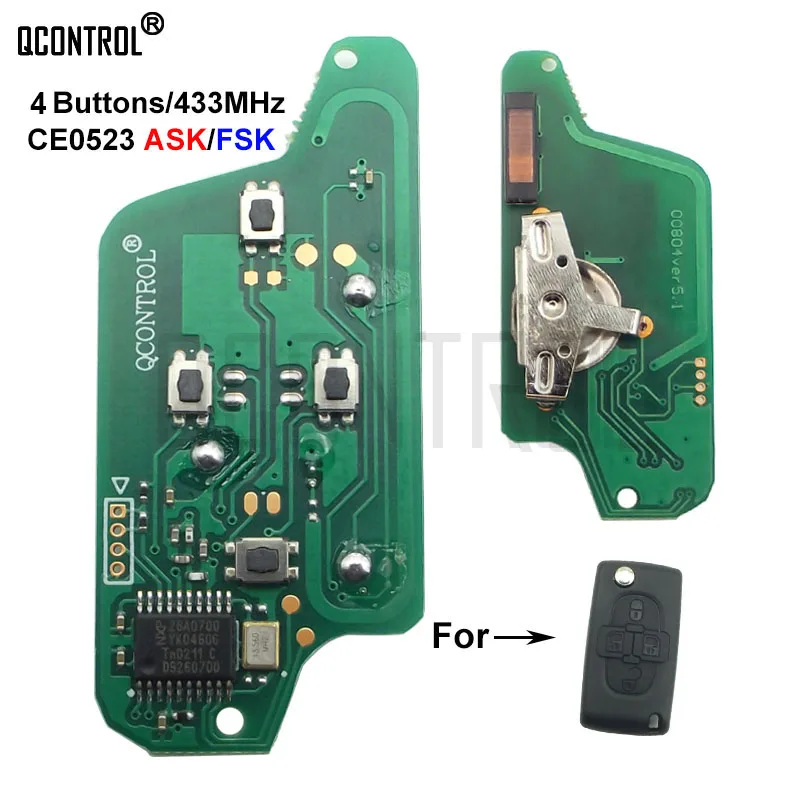 

QCONTROL Car Remote Key Electronic Circuit Board for Peugeot 207 307 308 407 807 Expert Partner CC SW (CE0523 ASK/FSK) 4Buttons