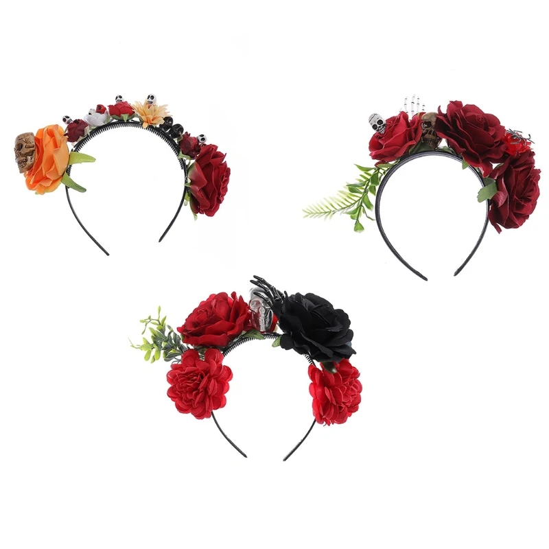 F3MD Rose Skull Headbands Gothic Flower Skull Headwear Halloween Carnival Hair Props