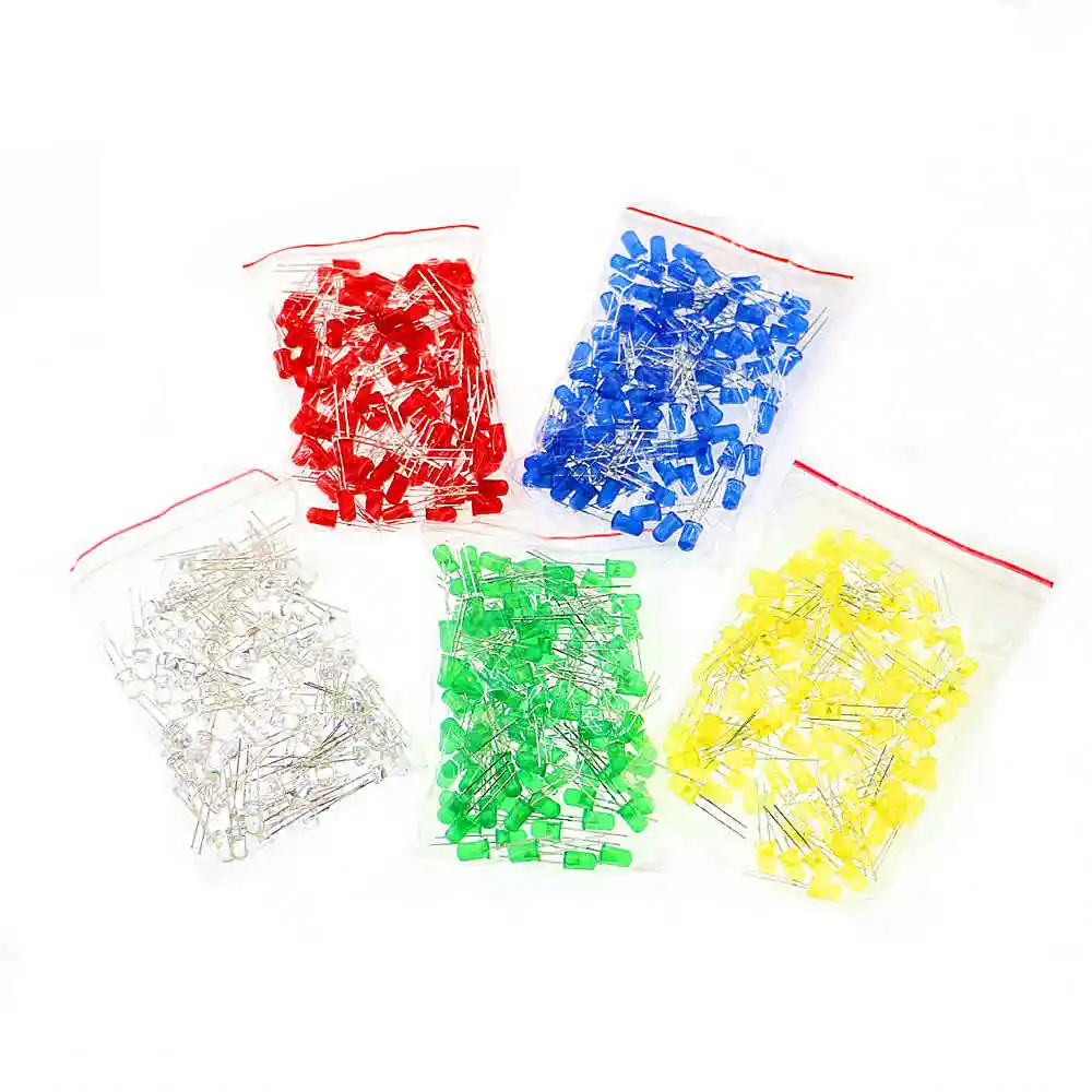 500pcs/lot (5 colors x 100pcs) White Red Green Blue Yellow 5mm LED Assorted Kit Set