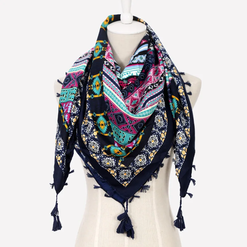 110*110cm Bohe Style Cotton Printed Square Scarf for Women Russian National Scarves Ethnic Fringed Shawl Lady Winter Blanket