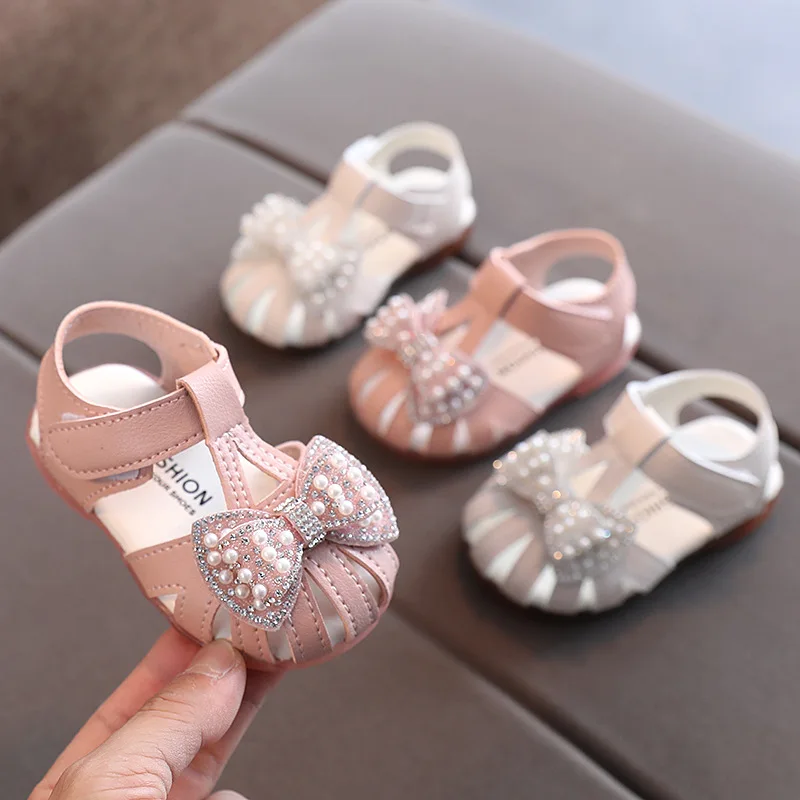 Summer Baby Girls Shoes 2024 New Children Princess Bow Casual Leather Kids Shoes White Pink Breathable Non-slip Sandals B876