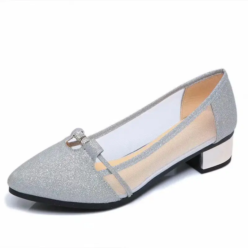 2021 Summer Elegant Women Pumps Comfy Loafers Fashion Ladies Low Square Heel Mujer Office Dress Shoes Shiny Gold Sliver Footwear