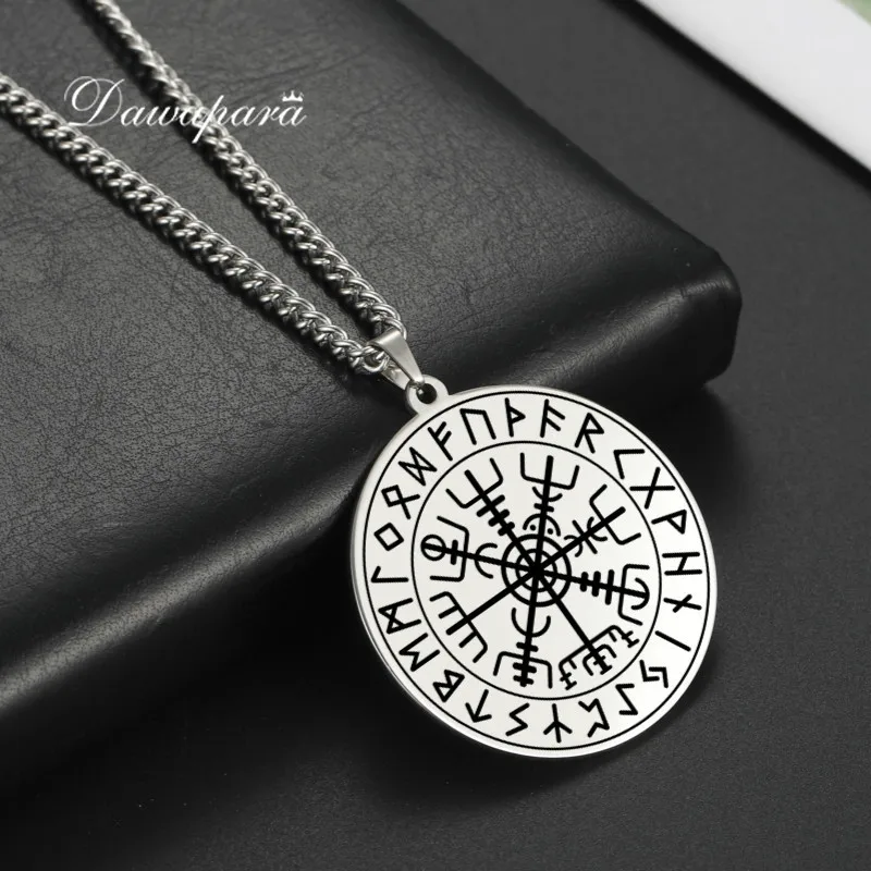 Dawapara Nordic Symbol of Norse Compass In Rune Circle Vegvisir Pendant Necklace Stainless Steel Jewelry Amulet Necklace