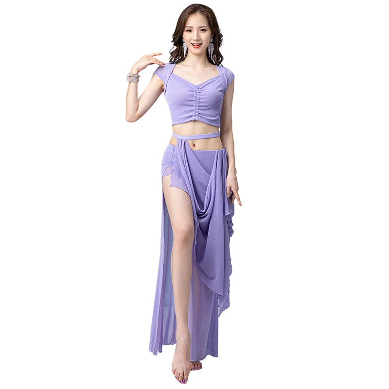 Woman Fairy Belly Dance Comfort Costume 2 Piece Set Tank Top With Long Skirt Silver Mesh Sexy Oriental Team Dance Practice Wear