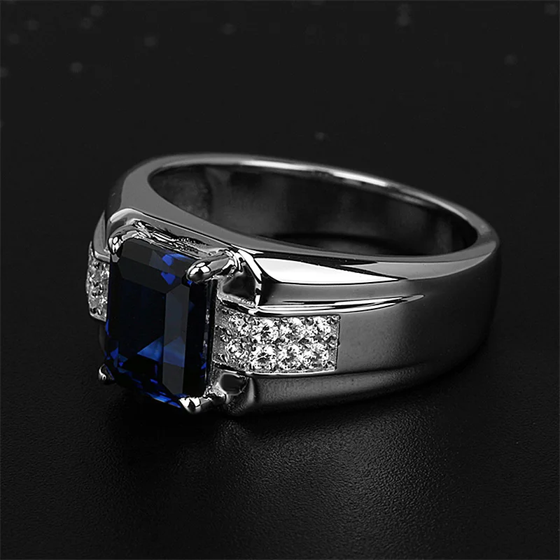 Business Men\'s Ring New Rectangular Blue Gem Ring Classic Personality  Men\'s Wedding Ring Cocktail Party Jewelry Birthday Gift