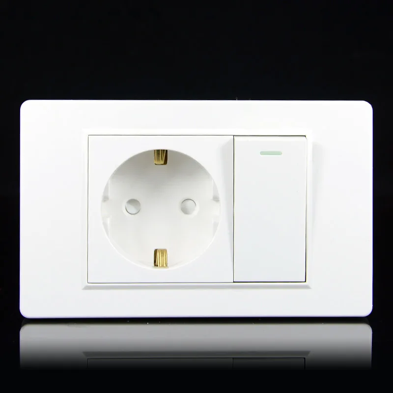 

EU Household German standard 16A 2-hole power plug wall socket with 15A 1Gang 1Way Switch 118 *74mm PC flame retardant panel