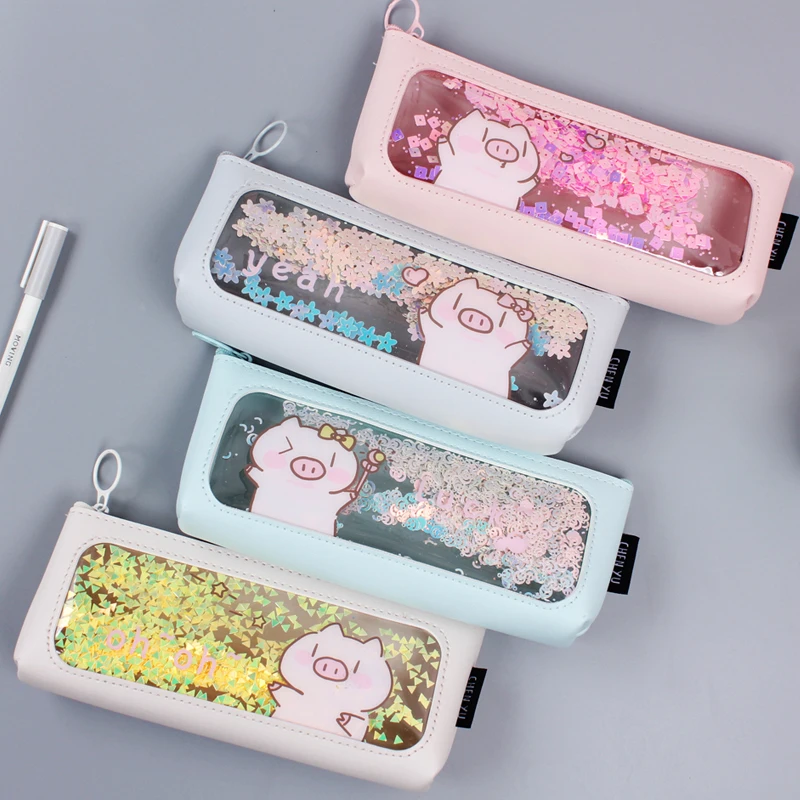 Creative Shiny Pink Pencil Case Simple PU Stationery Zipper Bag Large Capacity Pencil Pouch