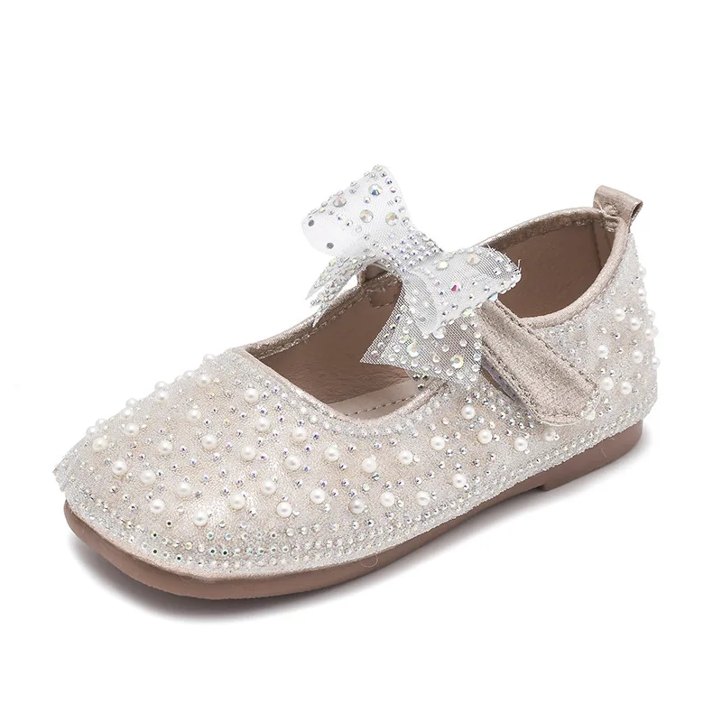 Spring New Girls Single Princess Shoes Pearl Shallow Children\'s Comfortable Flat Shoes Kid Baby Rhinestone Bowknot Shoes B207