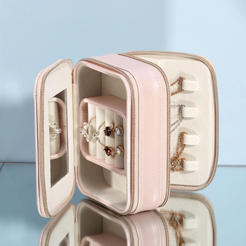 

Double-layer Multifunctional Portable Jewelry Box Travel Mini Mirror Jewelry Bag Korean Earrings Necklace Ring Storage Box