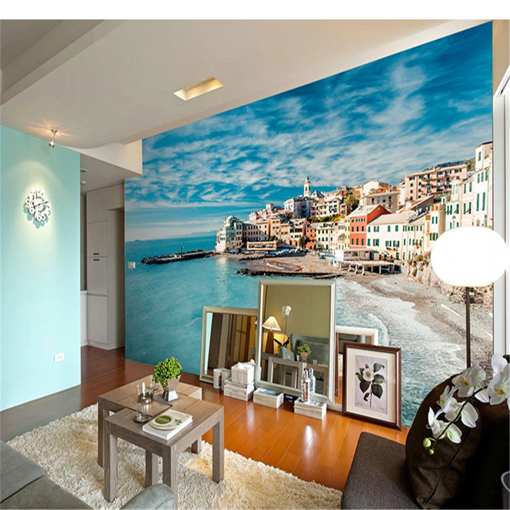 

3D landscape wallpaper living room sofa blue sky and white clouds European seaside town mural papel DE parede