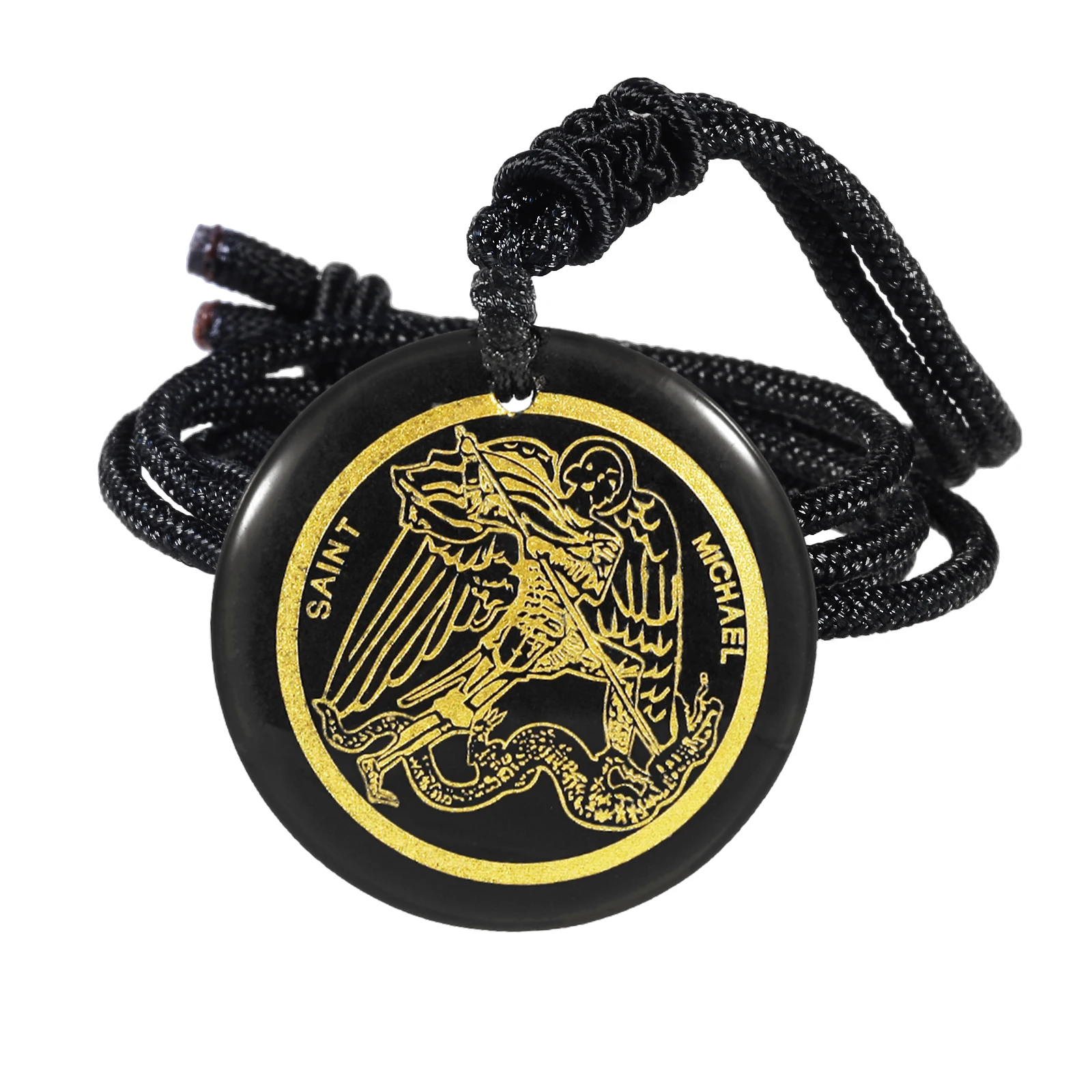 Natural Black Obsidian Engraved Archangel St.Michael Saint Shield Protection Pendant Necklace Amulet Christian Jewelry