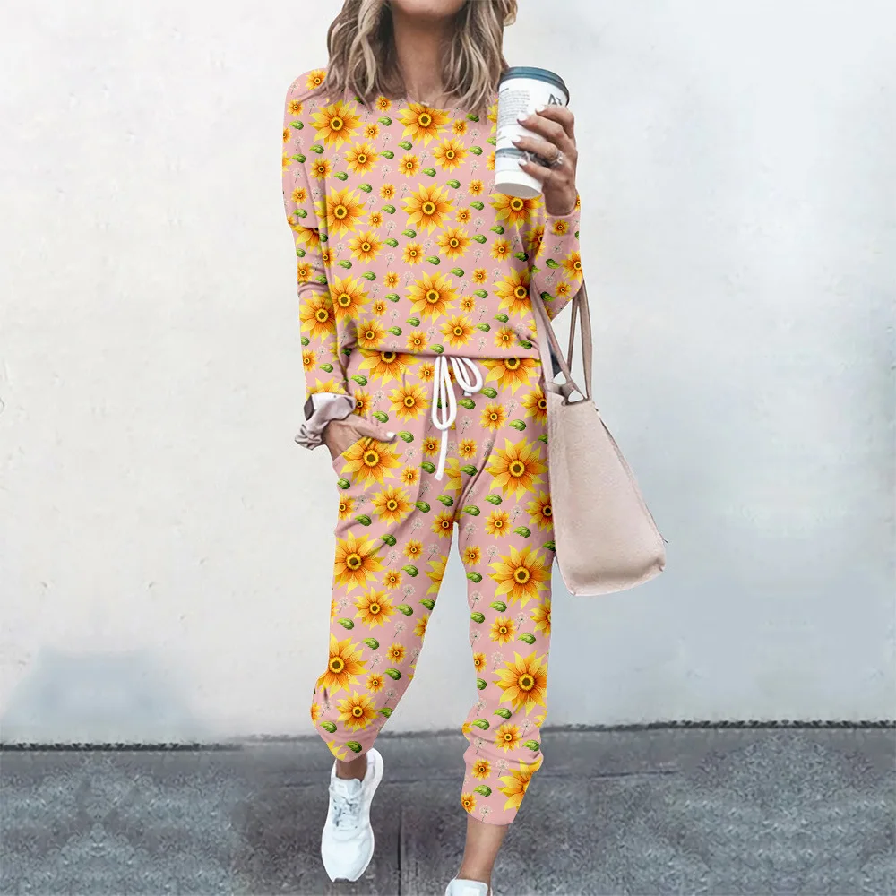 

Women 2 Piece Sets Pullovers Cloting Long Sleeve Female Top Elastic Waist Pants Casual Streetwear Floral Print Tracksuit Fashion