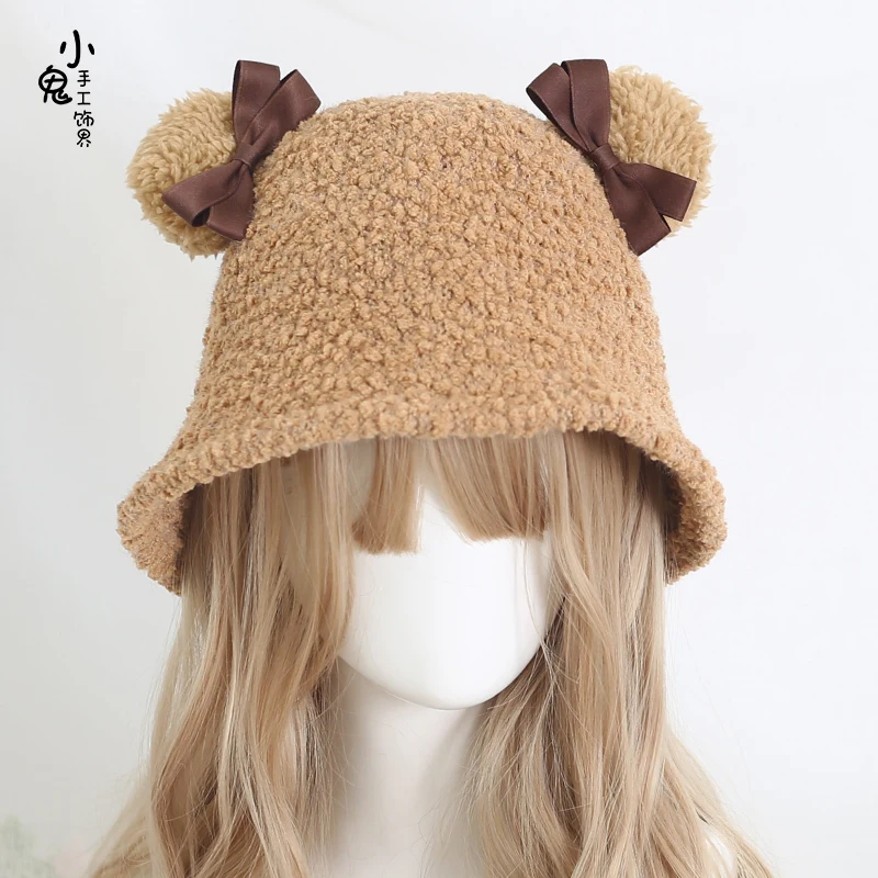 

Japanese bear ear bowknot stuffed lambs wool winter of cap covered face joker lambs wool fisherman cap bucket hat