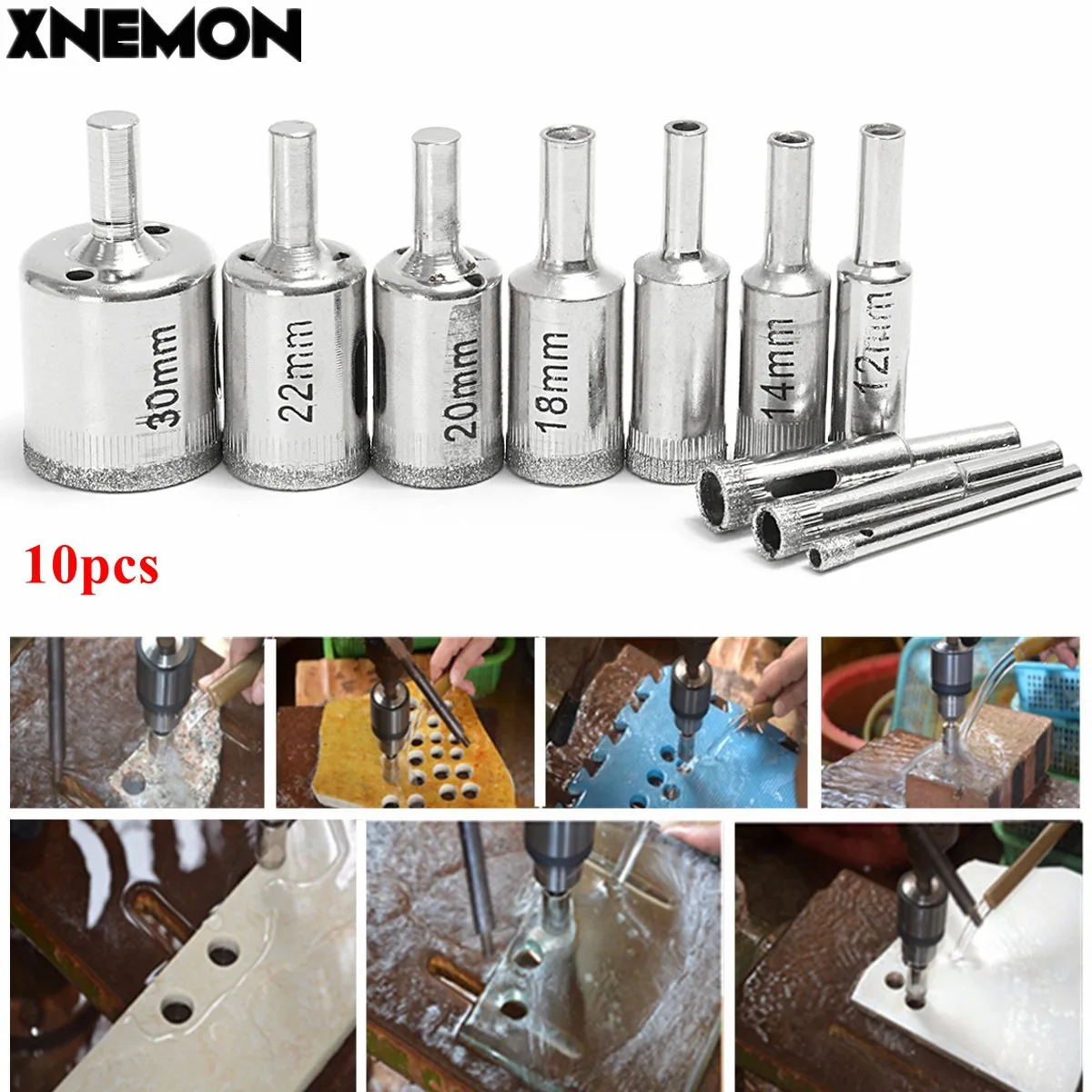 XNEMON 10 Pcs 4-30mm Del Foro del Diamante Seghe Punta del trapano Seghe Set di Piastrelle di Ceramica di Taglio di Marmo di Vetro Set 4 8 10 12 14 15 18 20 22 30 millimetri