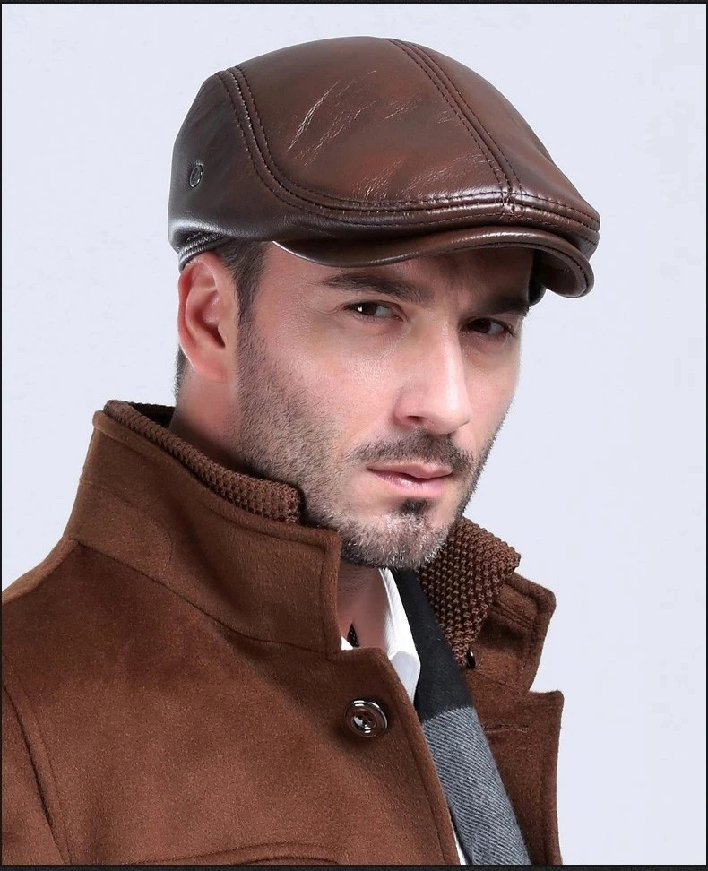 Men\'s First Layer Cowhide Leather Hat Winter Berets Male Warm Ear Protection Cap 100% Genuine Leather Dad Hat Wholesale Leisure