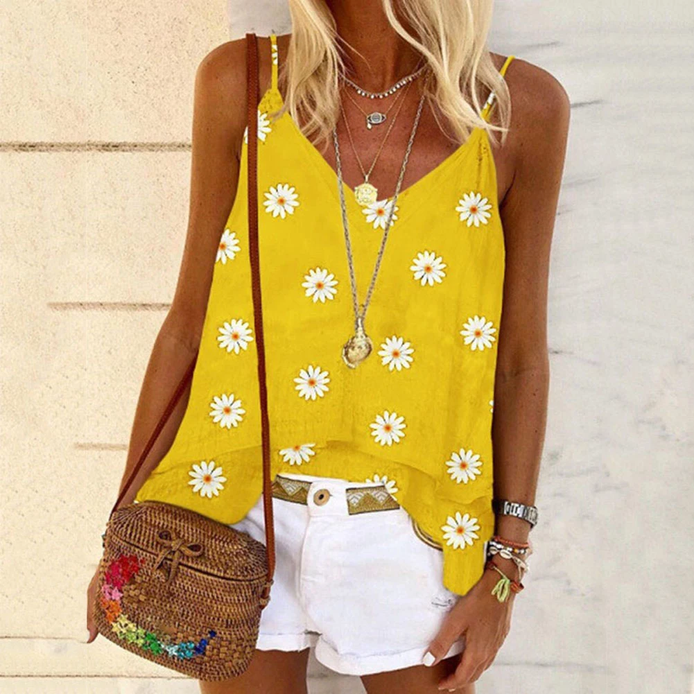 Women Fashion Sunflower Print V Neck Sleeveless Marguerite Print  Vest Loose Blouse