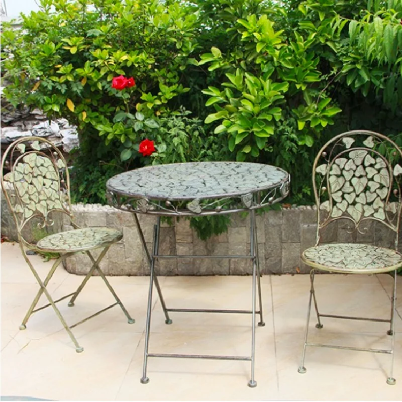 Old Courtyard Retro Iron Table and Chairs,Terrace Outdoor Leisure Tables, 1 Table and 2 Chairs
