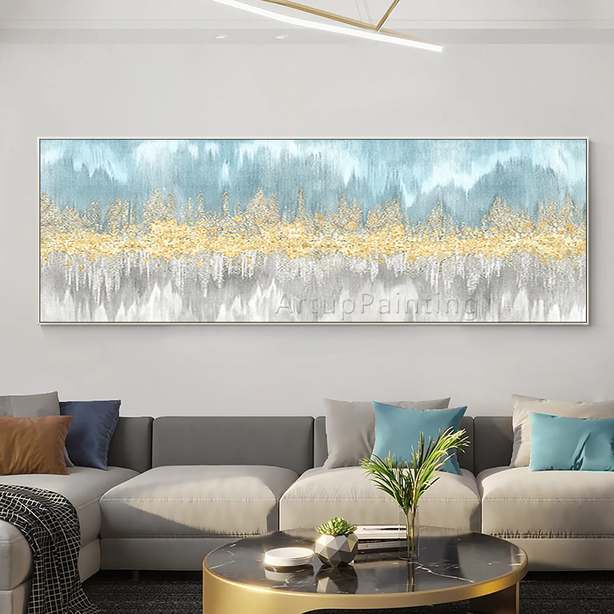 

Canvas oil painting modern abstract silver yellow green beige wall art picture for living room home decoration hand painted