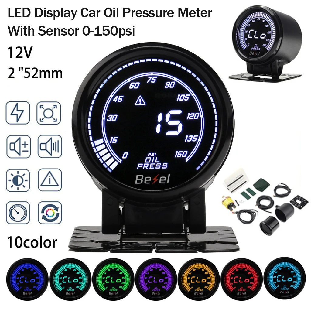 

Car Electronics Multicolor Digital LED Display Car Oil Pressure Meter With Sensor 2 in 52mm 0-150psi 4 buzzer levels accessories