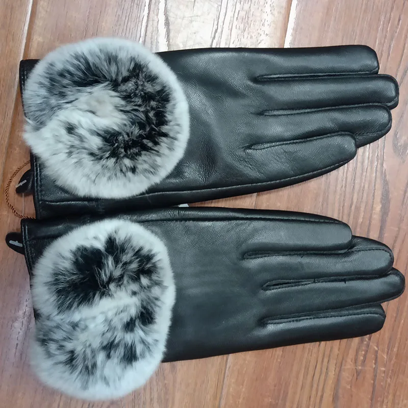 2024 Winter Warm Real Leather Glove With Rex Rabbit Fur Female Genuine Leather Gloves Women With Genuine Rabbit Fur Hand Wrist