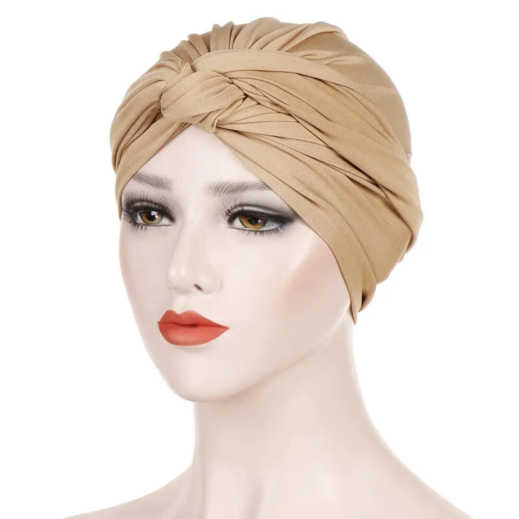 New Women Stretch Turban Muslim Hijab Scarf Head Wrap Hair Loss Chemo Cap Bonnet Hat Pleated Knot Islamic Headscarf Arab Fashion