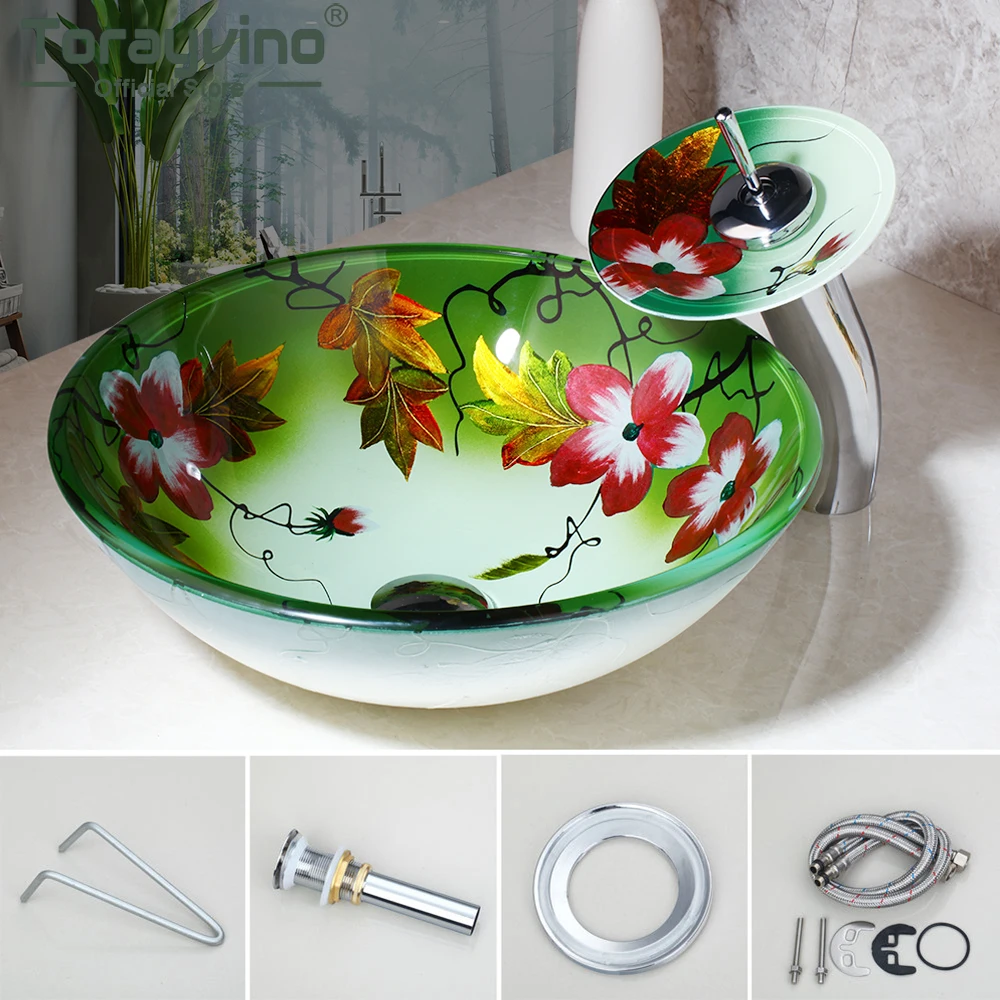 

Torayvino Flower Painting Basin Bowl Countertop Wash Sink Luxury Style Tempered Glass Basin Bowl Sink Waterfall Faucet Set