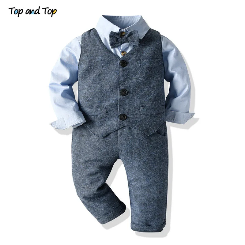 Top and Top Infant Boys Clothing Sets Boys Gentleman Suit Long Sleeve Shirt with Bowtie+Waistcoat+Trousers Baby Boy Tuxedo