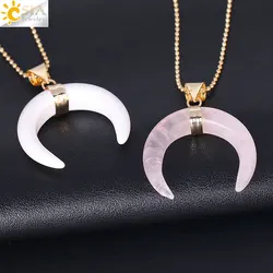 Natural Stones Crescent Moon Necklaces Pendants Purple Crystal Tiger Eye Pink Quartz White Stone Gold Color Reiki Women F306