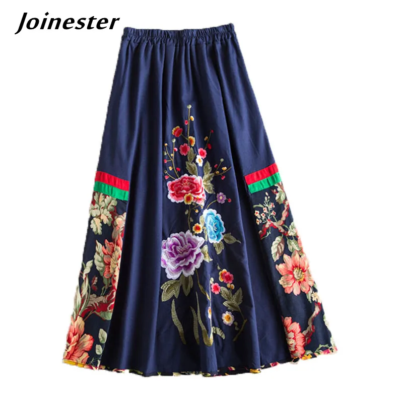 Floral Embroider Long Skirt for Women Cotton Linen Ethnic A-Line Midi Skirt Female Full Circle Dance Skirts Autumn Clothes