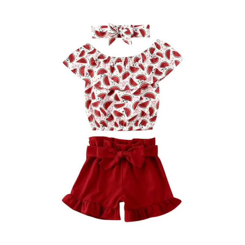 PUDCOCO Summer Fashion Toddler Baby Kids Girl Watermelon Print Tops Shorts Pants Headband 3Pcs Clothes Set 6M-4Y