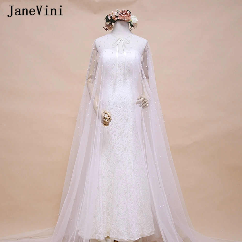 JaneVini Elegant Pearls Bride Bolero Ivory Beach Wedding Shawls and Wraps Tulle Jackets for Bridal Party Women Cape Mariee 2020