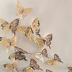 12Pcs/set 3D Hollow Butterflies Stickers Metal Gold Silver Rose Gold Hollow Butterfly for Party Balloons Home Decor Wall Decor