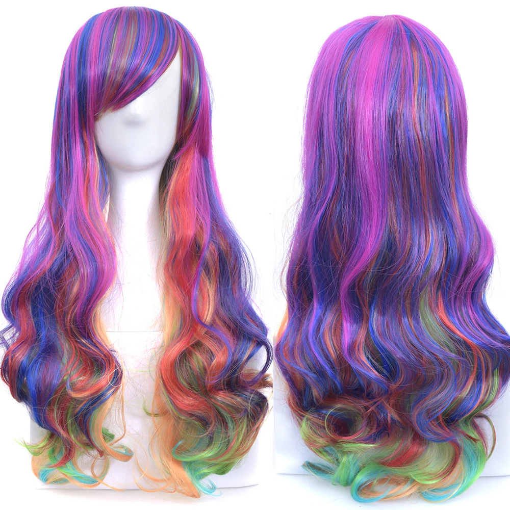 Pelucas de onda larga para disfraz de Halloween, Pelo Rizado suelto, color verde y rosa, raya central, accesorios para Cosplay