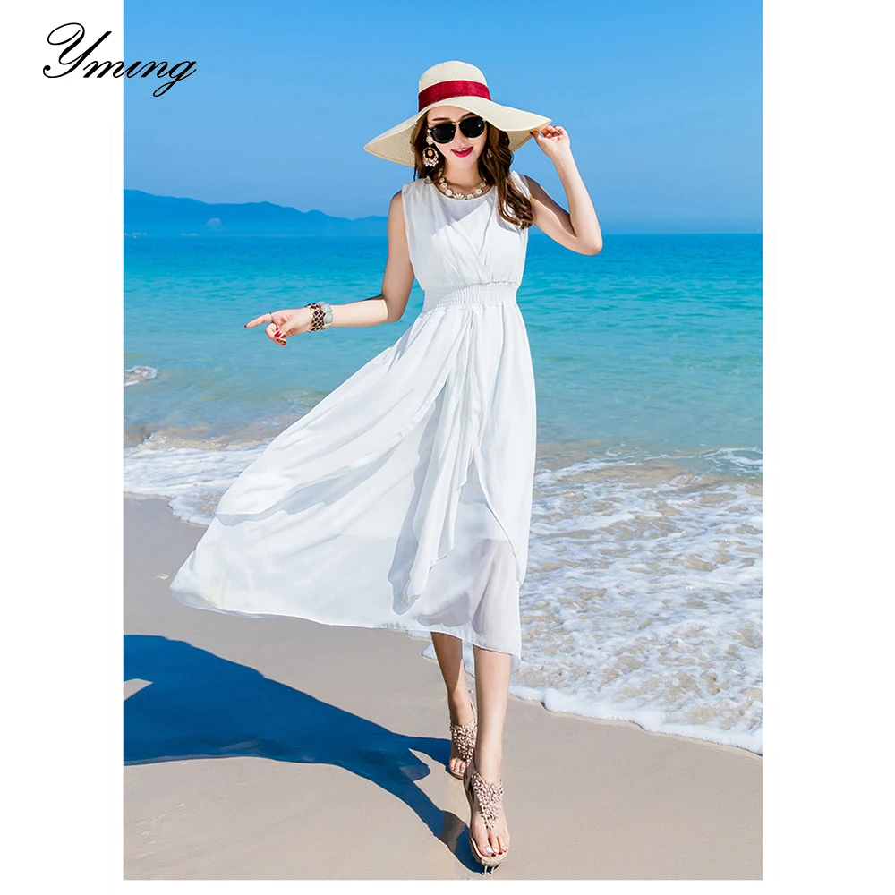 YMING Women's Bohemian Beach Sandy Long Dress Female Spring And Summer New Large Size Slim Vacation Chiffon Dress