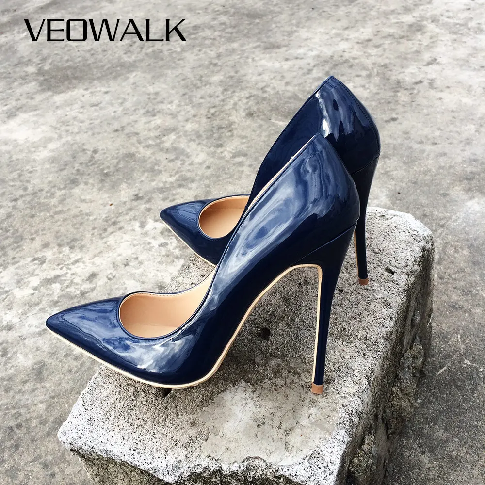 Veowalk Italian Style Women Pointed Toe High Heels Gloss Patent Leather Stilettos Ladies Solid Color Pumps Shoes Navy Blue