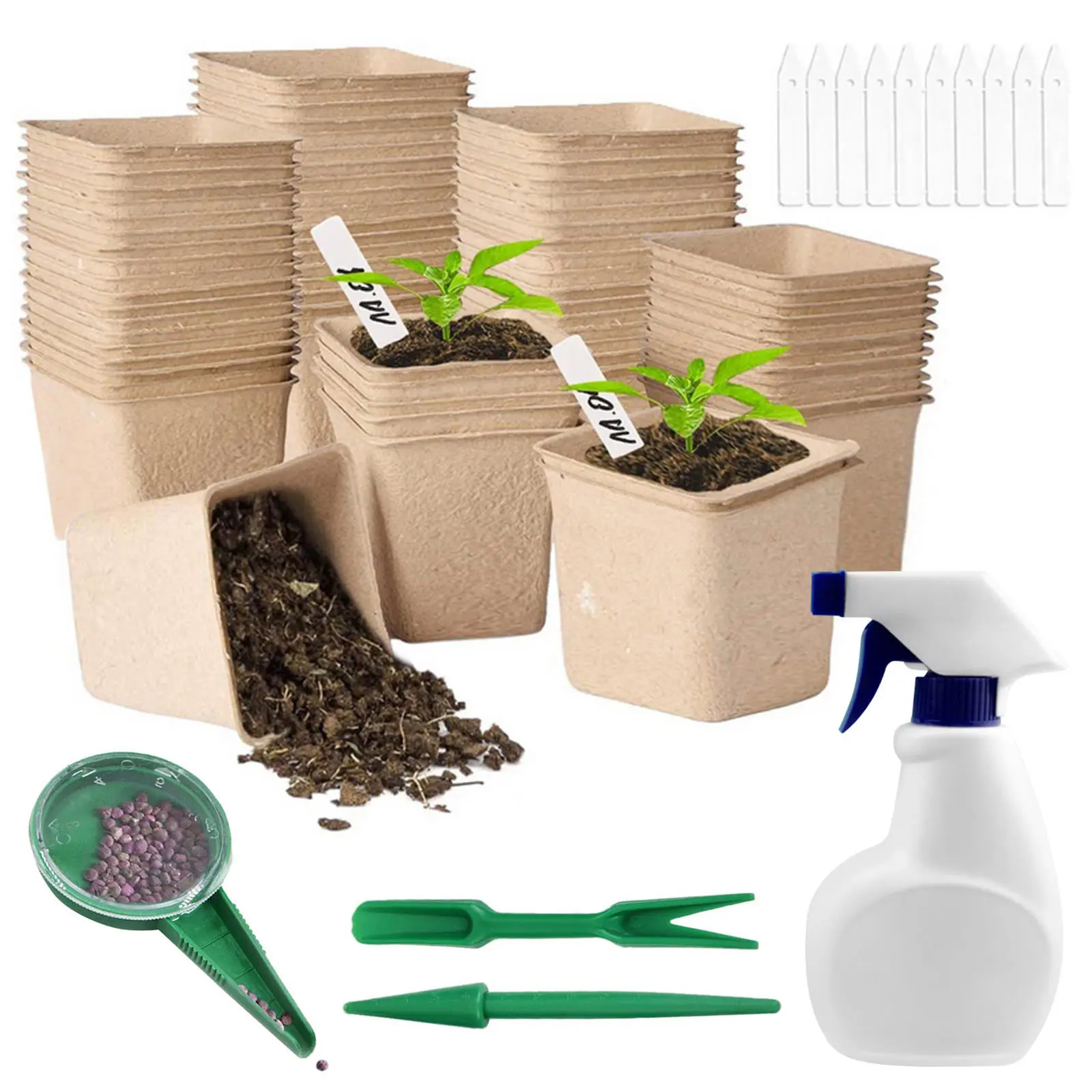 Seed Starter Peat Pots Kit 100PCS Biodegradable Germination Seedling Trays with 100 Plant Labels and Garden Tools for Garden