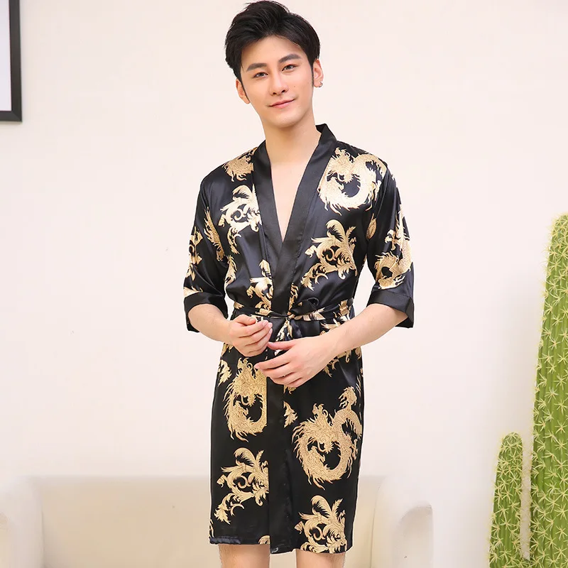 Men Print Dragon Kimono Robe Sexy Cardigan Rayon Bathrobe Bridegroom Dressing Gown Lounge Summer Sleepwear Nightgown Home Wear