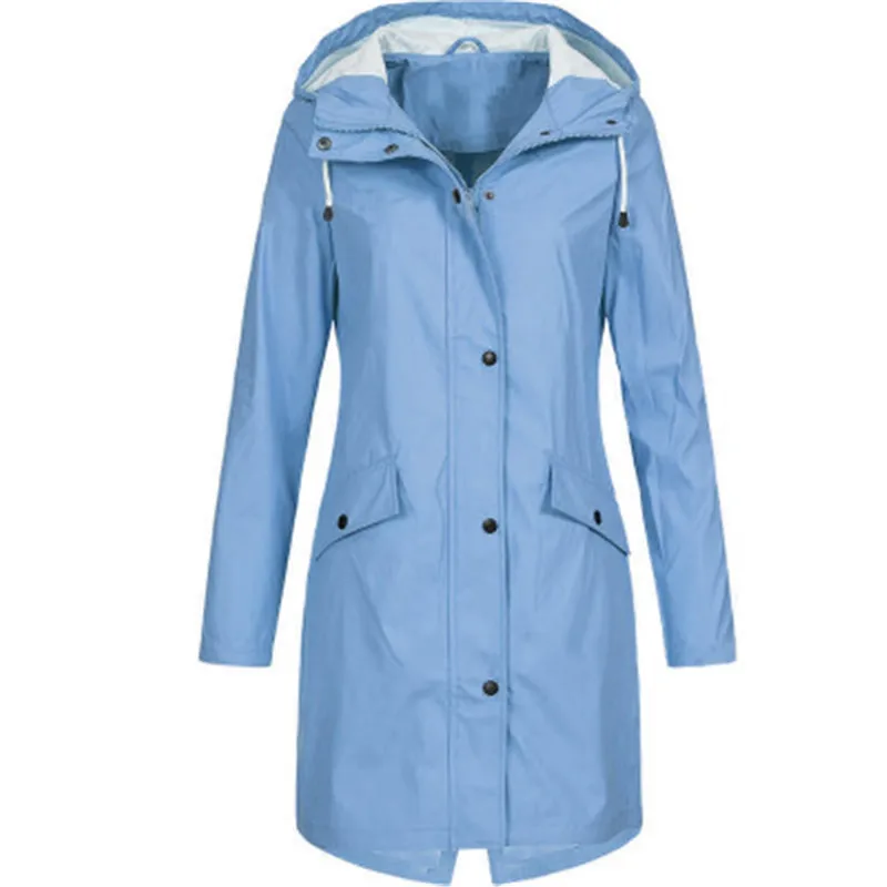 

Women Solid color Rain Jacket Outdoor Hooded Pockets Waterproof Overcoat Windproof Long Coat Ladies Casual Zipper Jackets A161