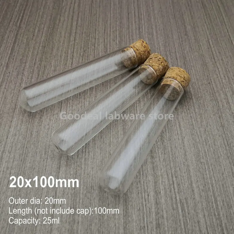 Outer Diameter 20mm Round Bottom Thickened Glass Test Tube Lab Glass Reagent Reaction Container with Cork Stopper