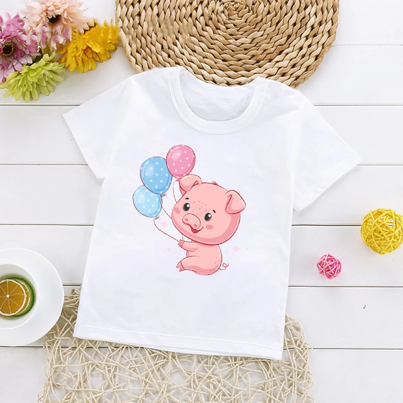 

Cute Pig Holding Three Balloons Print Kids T-Shirt Baby Girls Funny T Shirt Summer Children Birthday Gift 2021