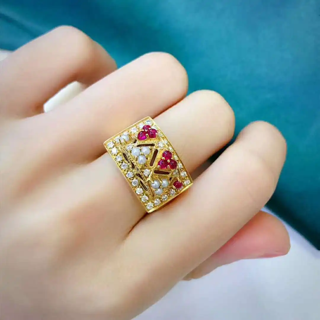 New luxury Gold Color Double Layer Micro-inlaid Zircon Ring Exaggerated Red Garnet Pearl Plated 18k Yellow Gold Rings For Women