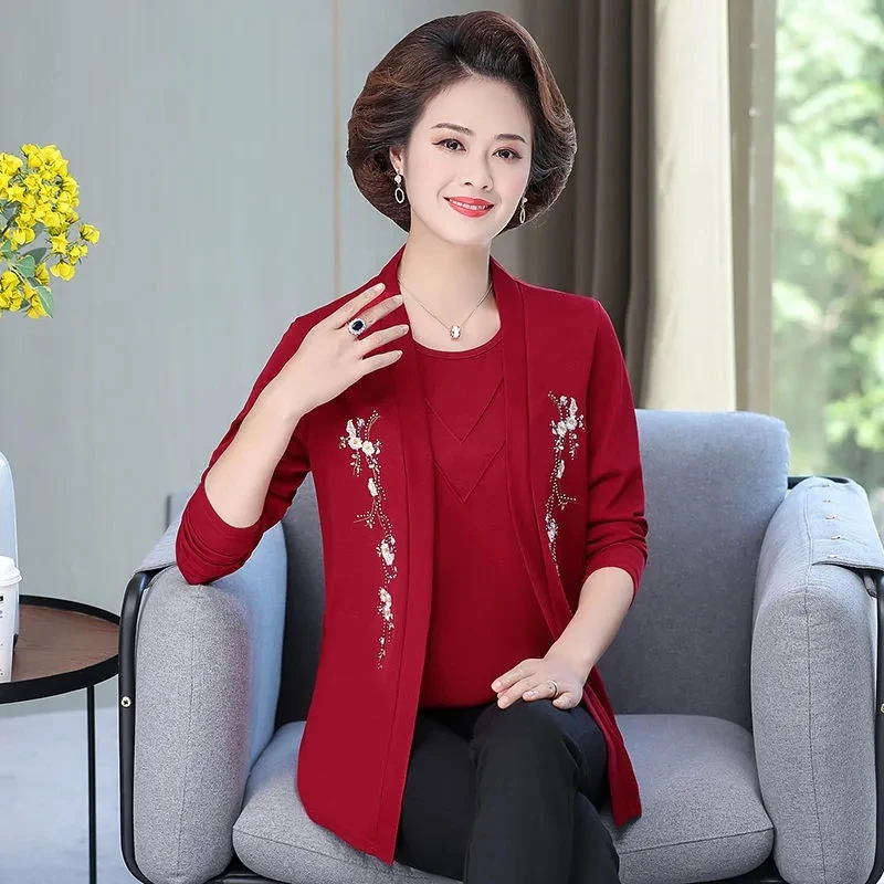 Spring Autumn Middle Age Women Mother Clothing Set Long Sleeve Knitted Cardigan Tops 2PCS Female Elegant Coat 4XL 2 Piece Suit