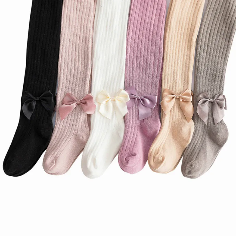 

0-6Y Bowknot Baby Tights Spring Autumn Cotton Girl Pantyhorse Knitted Infant Vertical stripe candy color Children Pantyhose