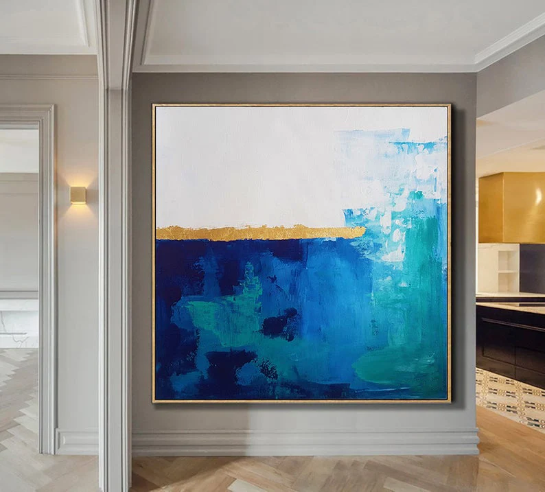 

Handmade Canvas Painting American Style Abstract Painting Blue And Gold Canvas Art Wall Decor Home Decoration Accessories Modern