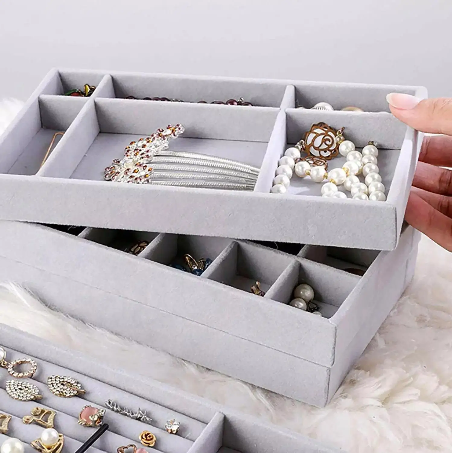 4PCS Jewelry Box Set Jewelry Organizer, Velvet Jewellery Case,Drawer Inserts Earring Rings Bracelet Watch Storage for Women 2PCS